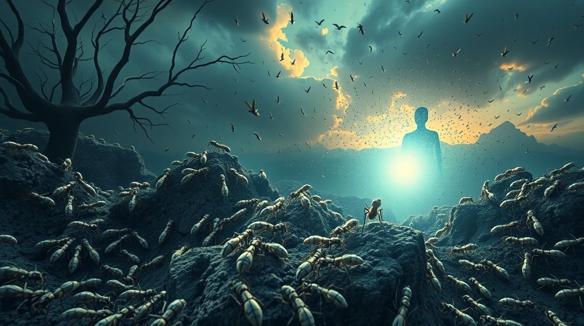 Un'immagine surreale di formiche in un paesaggio oscuro, simbolo di lavoro e ostacoli.