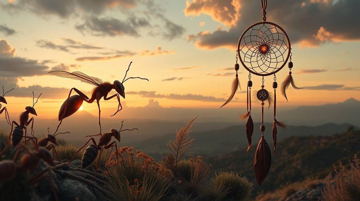 Formiche e un sogno catturato da un dreamcatcher al tramonto