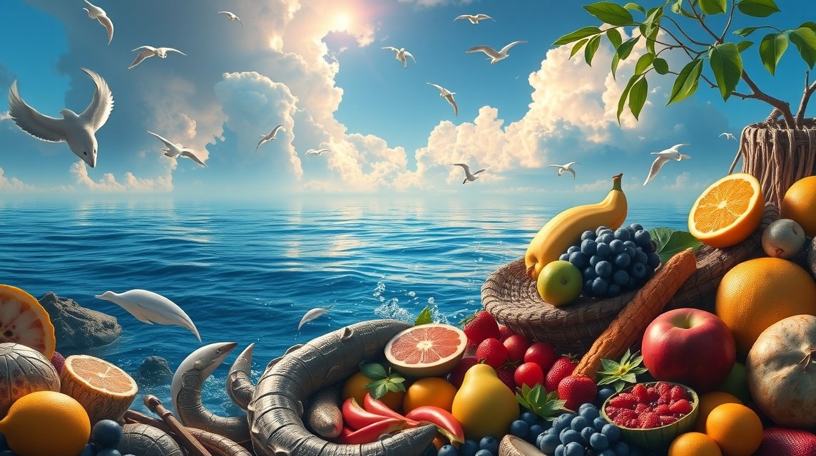 Composizione di frutti di mare e frutta su sfondo marino.