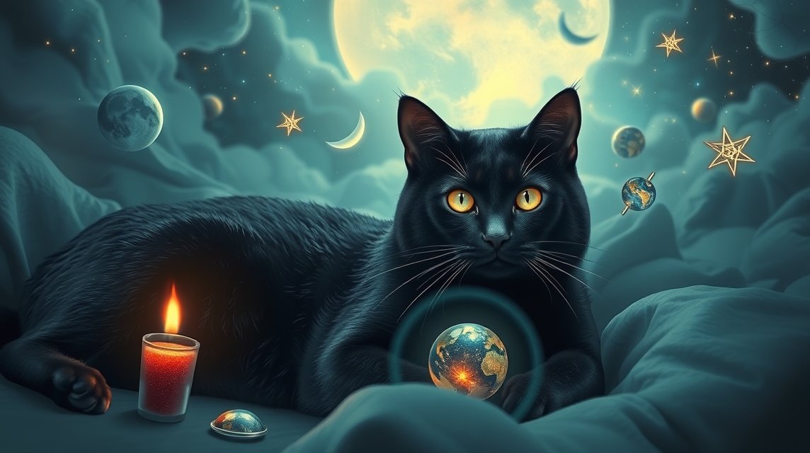 Gatto nero misterioso con simboli celesti e candele