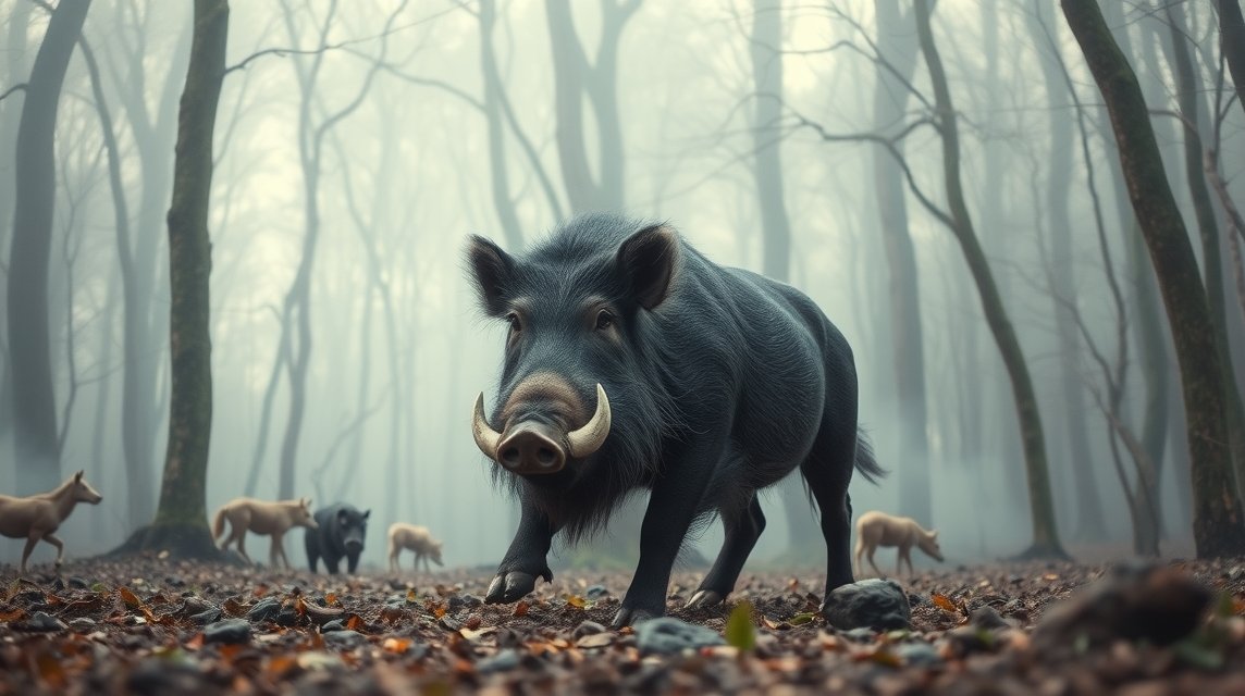 Cinghiale che cammina in un bosco nebbioso