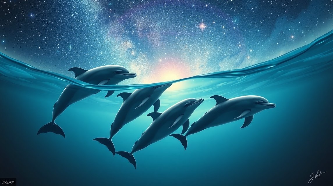 Delfini che nuotano in un'acqua blu sotto un cielo stellato
