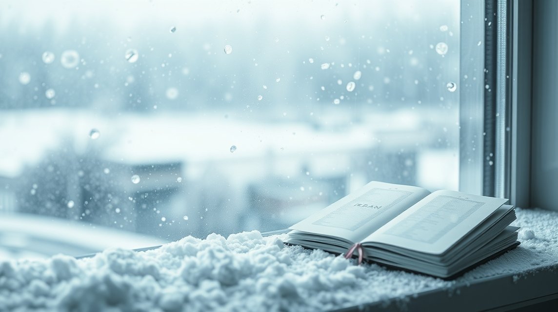 Un libro aperto su una finestra con neve che cade dolcemente.