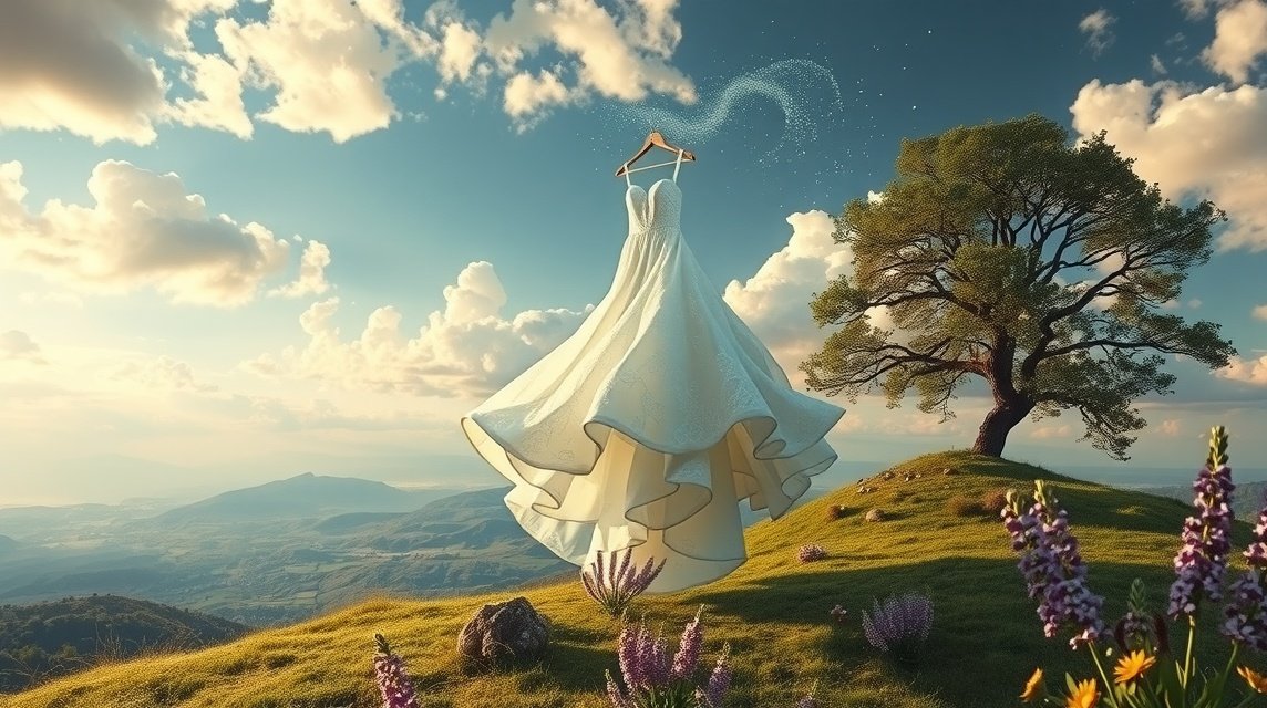 Abito da sposa appeso su un gancio in un paesaggio incantevole