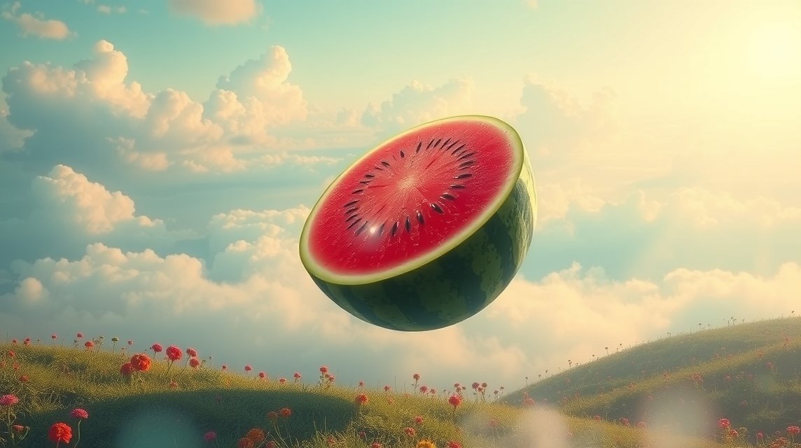 Fetta di anguria galleggiante su un prato estivo soleggiato