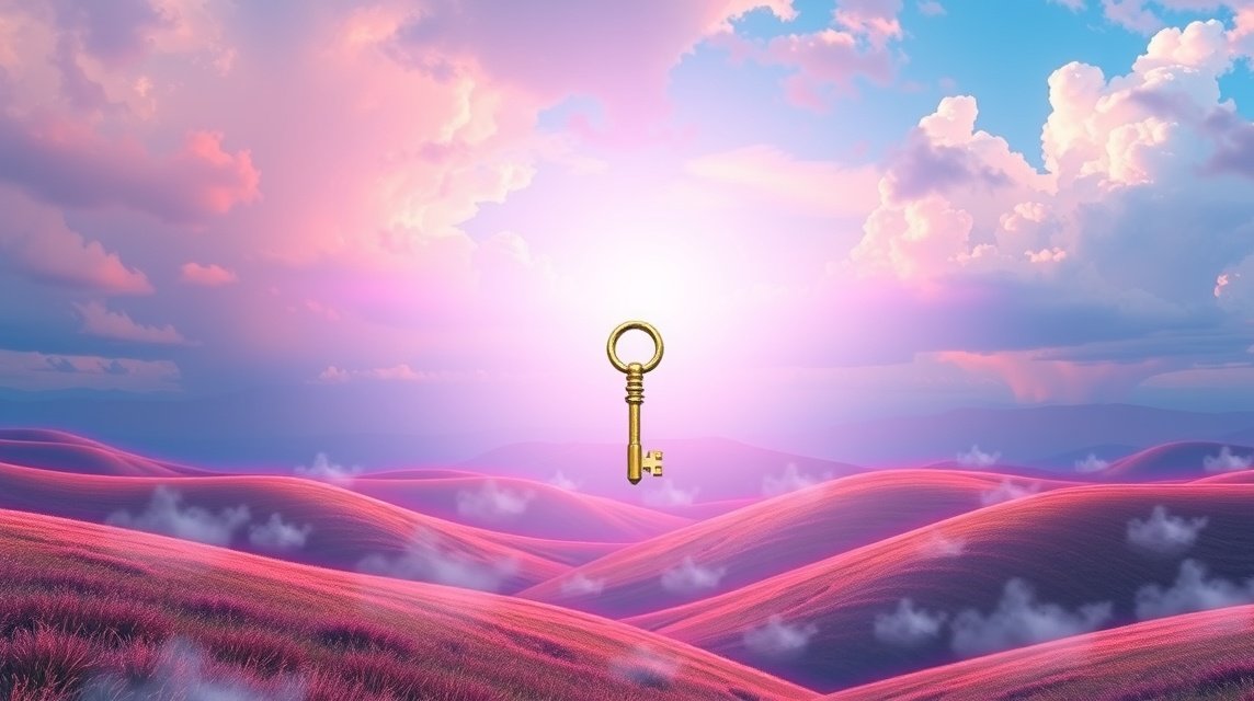Chiave dorata in un paesaggio sereno con nuvole e colline rosa.