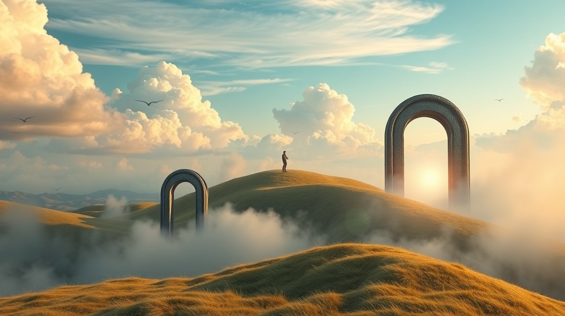 Due chiavi monumentali in un paesaggio onirico con nuvole