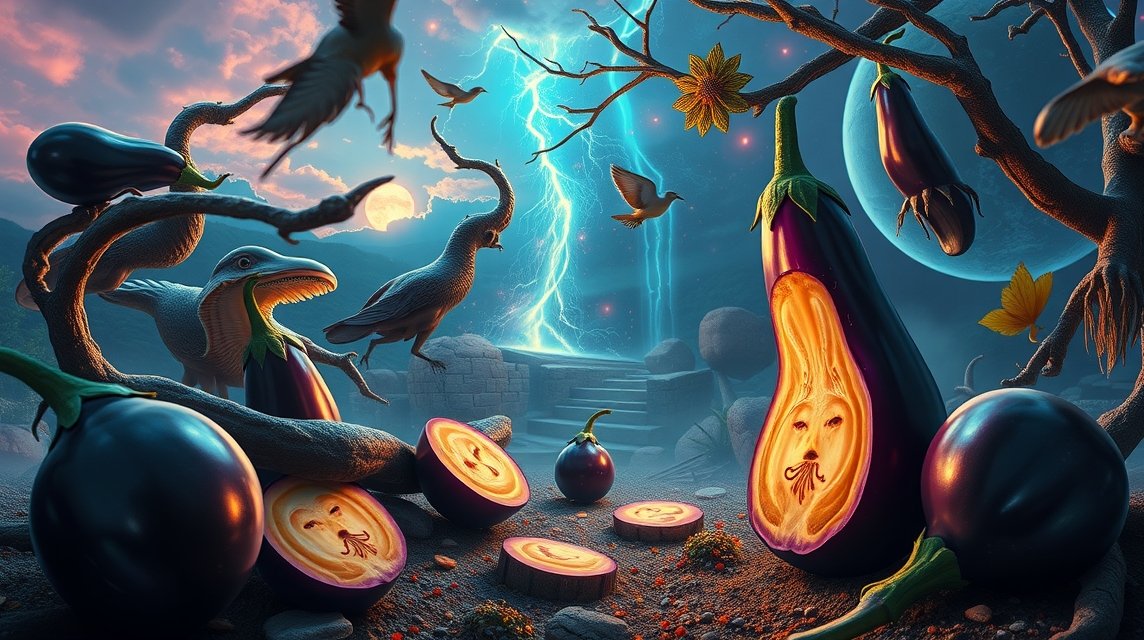 Melanzane rappresentate in un paesaggio onirico con elementi simbolici