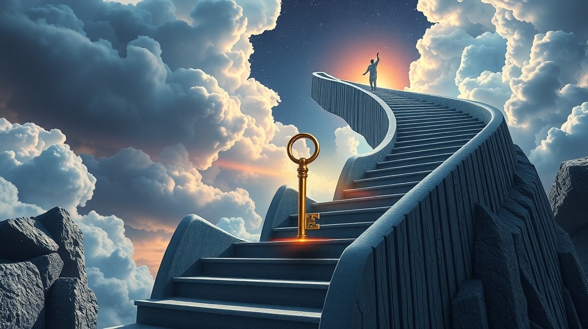 Una figura che sale scale luminescenti verso un cielo nuvoloso, simbolizzando ambizione e crescita.