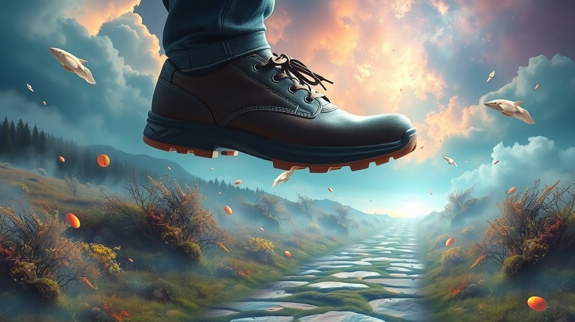 Scarpe in volo su un sentiero tra natura e sogni.