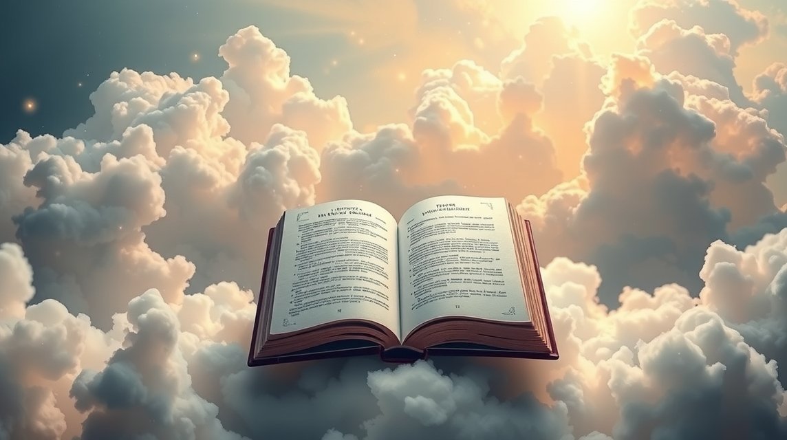 Libro aperto fluttuante tra le nuvole con luce solare