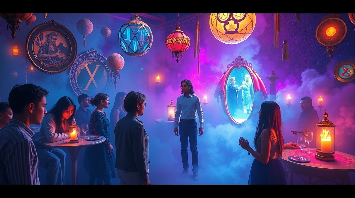 Festa vibrante con sconosciuti in un ambiente magico e colorato.