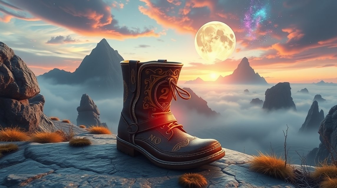 Stivale in un paesaggio onirico con montagne e luna piena