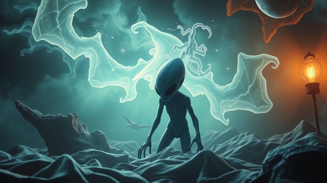 Rappresentazione onirica di un alieno in un paesaggio misterioso