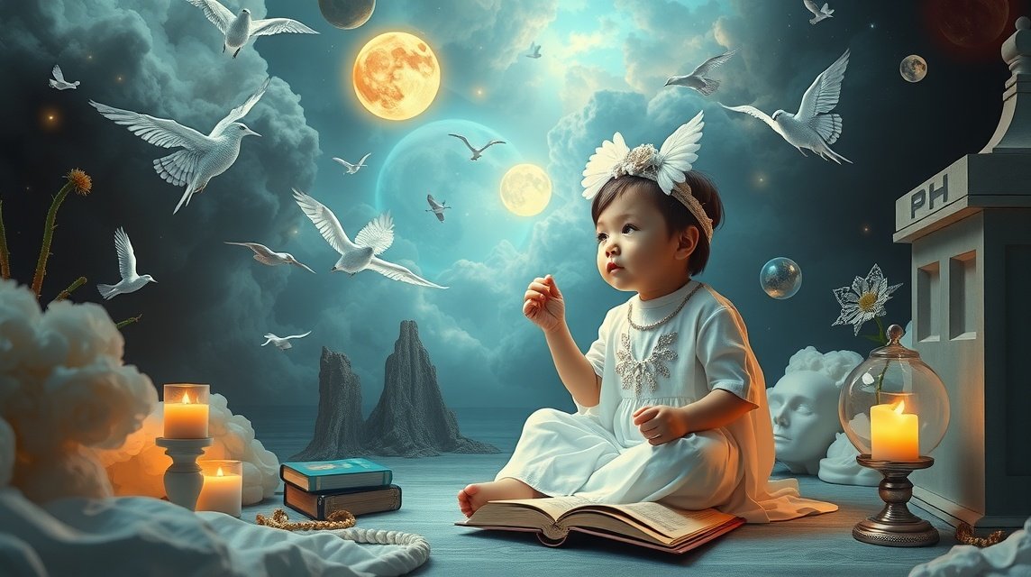 Bambino in abito bianco che evoca la purezza e l'innocenza nei sogni.