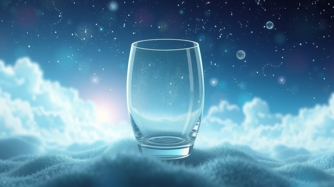 Bicchiere di vetro trasparente su sfondo onirico e stellato