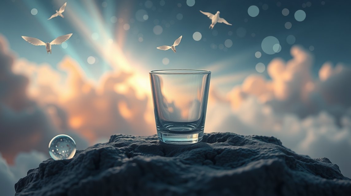 Bicchiere di vetro su una superficie rocciosa con nuvole e uccelli