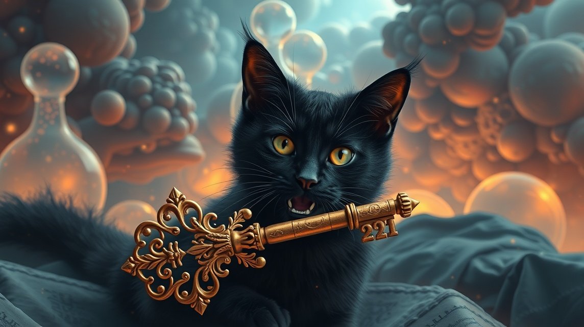 Gatto nero con chiave dorata, simbolo di mistero e intuizione.