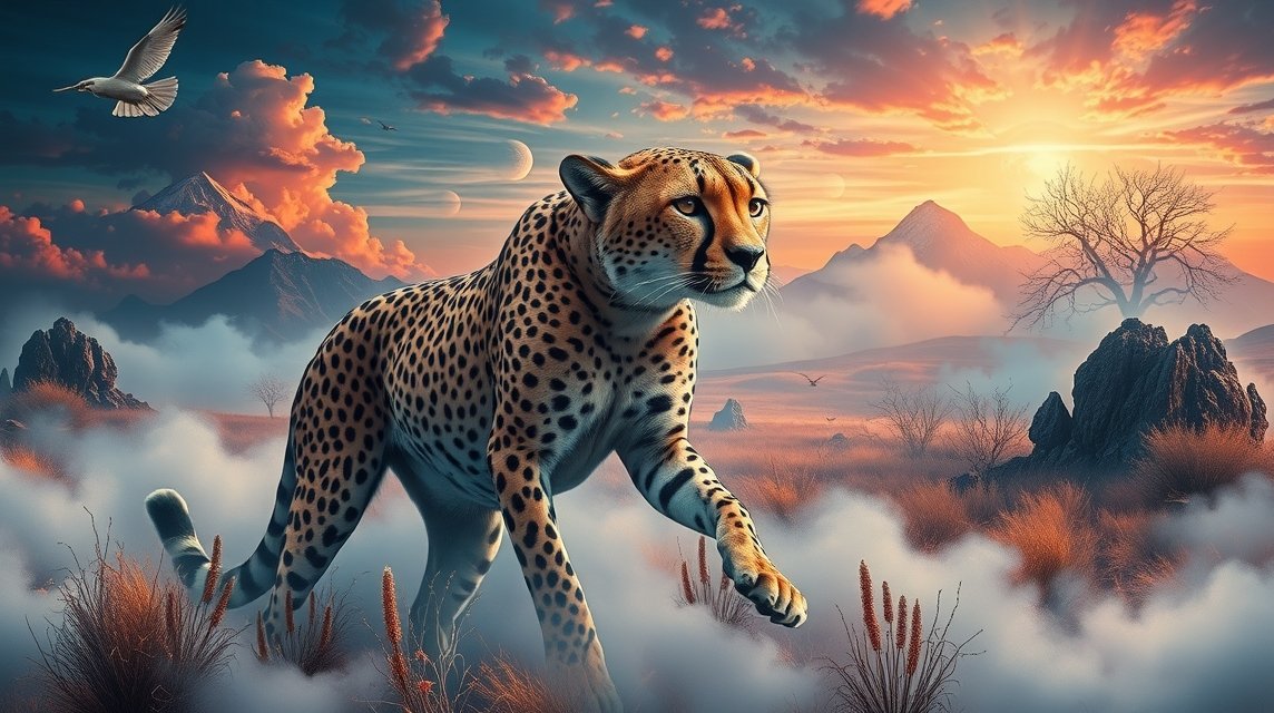 Ghepardo in un paesaggio naturalistico al tramonto