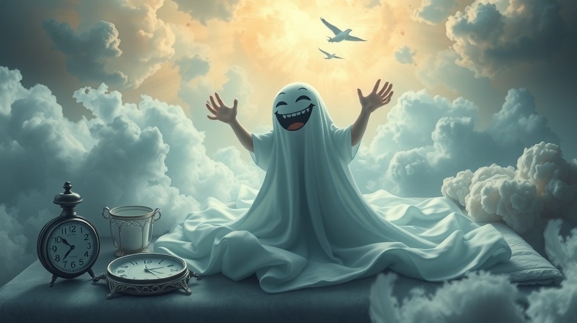 Fantasma sorridente in un cielo nuvoloso, simbolo di serenità.