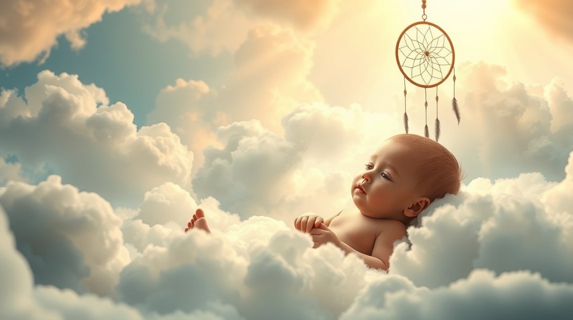 Neonato maschio che sogna tra le nuvole con un sogno su di lui