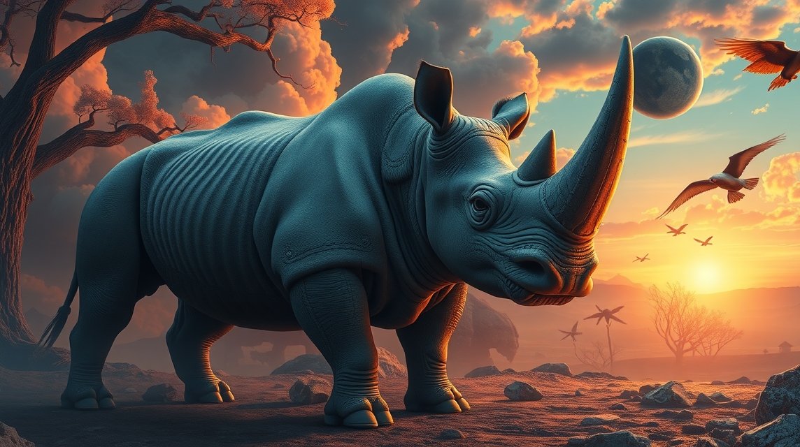 Rinoceronte in un paesaggio maestoso al tramonto