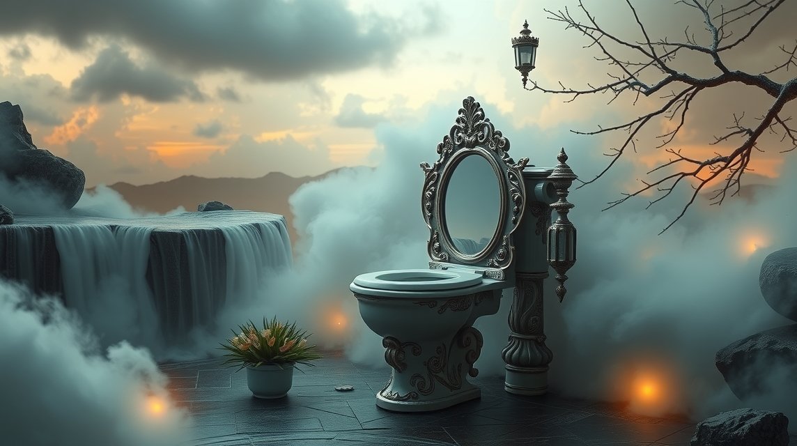 Un water elegante in un paesaggio onirico che rappresenta liberazione e introspezione