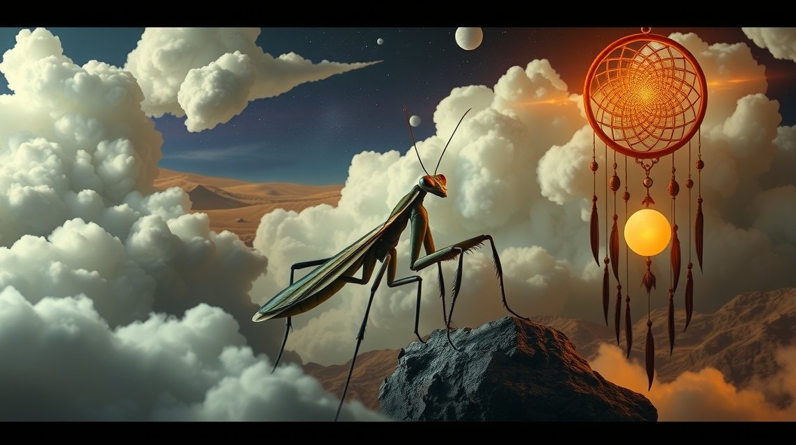 Una mantide religiosa tra nuvole e sogni