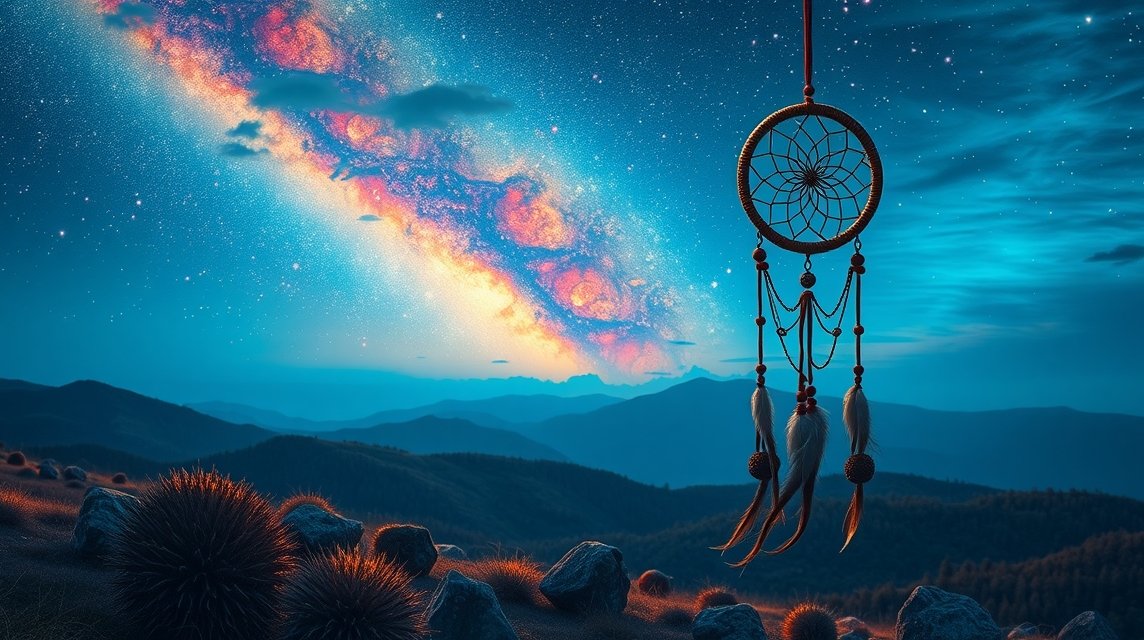Sogno di una stella cadente nel cielo notturno con un dreamcatcher