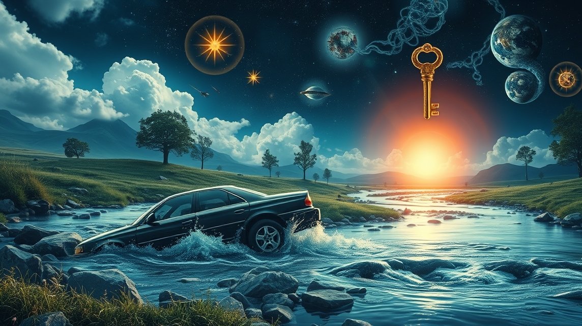 Auto che affonda in un torrente, simbolo di crisi e perdita di controllo.