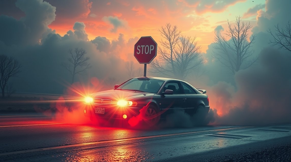 Auto in frenata su strada con segnali di stop e fumi