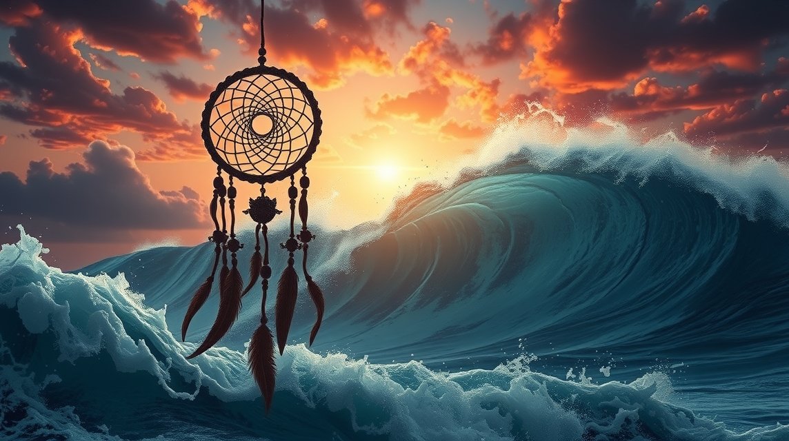 Un sogno di tsunami con un dreamcatcher in primo piano al tramonto.