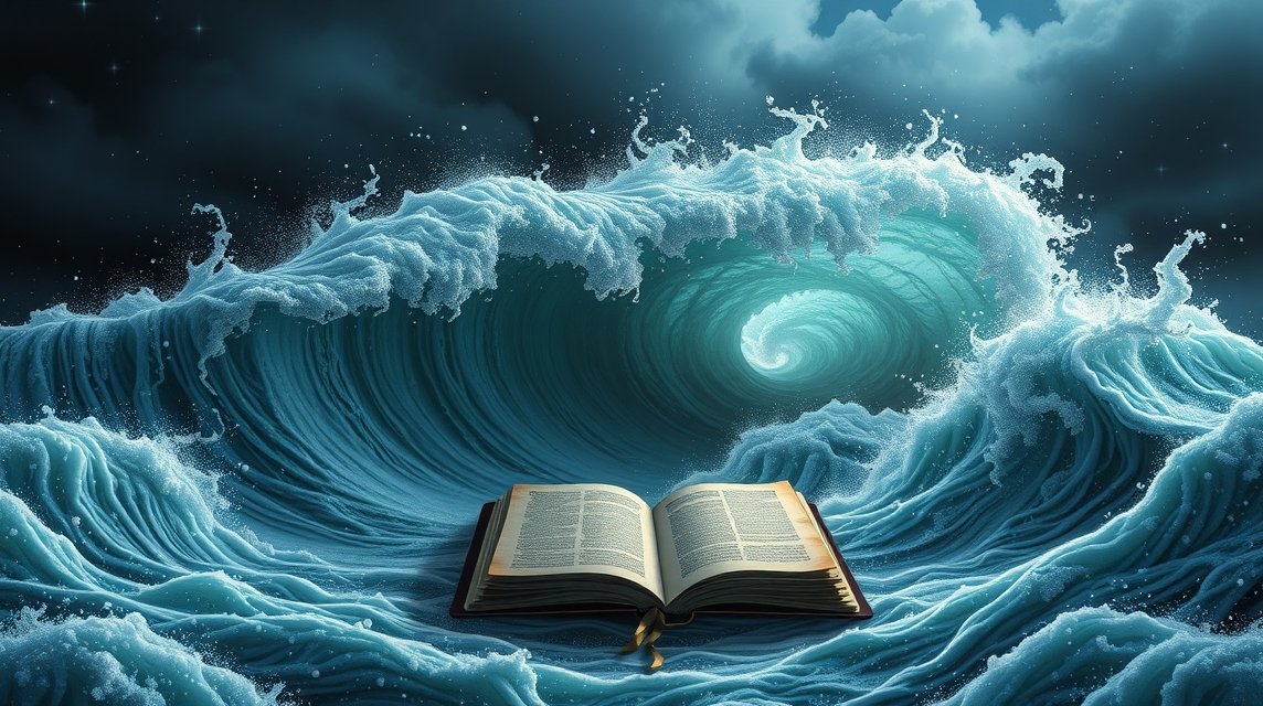 Un libro aperto con onde di tsunami in tempesta