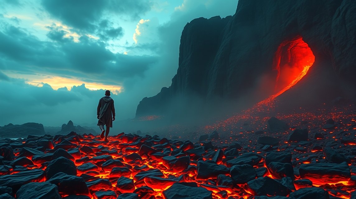 Un uomo cammina su una superficie di lava incandescente.
