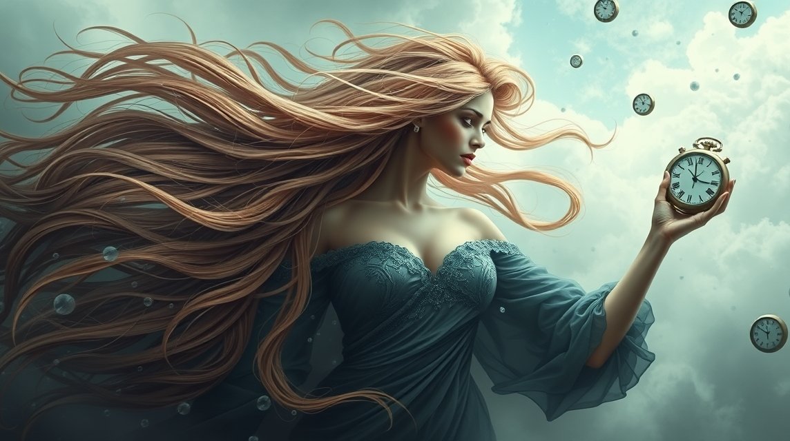 Donna con capelli lunghi fluttuanti in un'atmosfera onirica e misteriosa.