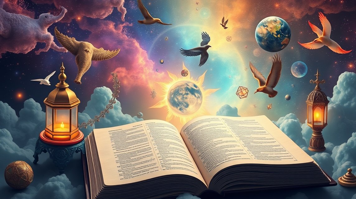 Libro aperto con simboli onirici e paesaggio cosmico