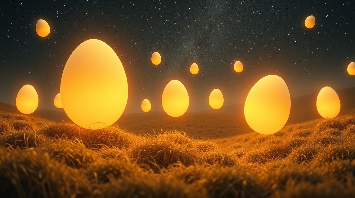 Uova luminose in un campo notturno simboleggiano fertilità e opportunità.