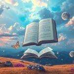 Libri aperti sul significato dei sogni con farfalla e paesaggio onirico