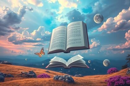 Libri aperti sul significato dei sogni con farfalla e paesaggio onirico