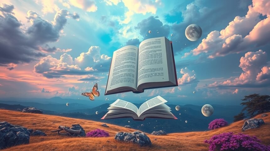 Libri aperti sul significato dei sogni con farfalla e paesaggio onirico