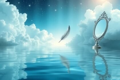 Riflessi sereni su acqua azzurra con nuvole e penna