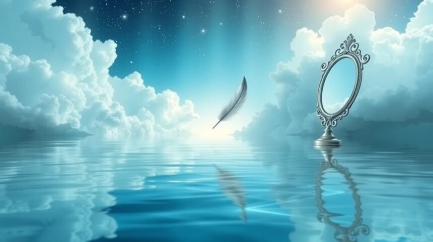 Riflessi sereni su acqua azzurra con nuvole e penna