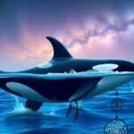 Orca che nuota nel mare con un sogno incantevole sullo sfondo.