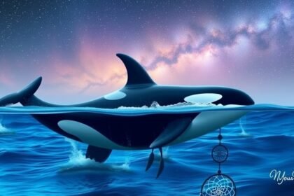 Orca che nuota nel mare con un sogno incantevole sullo sfondo.