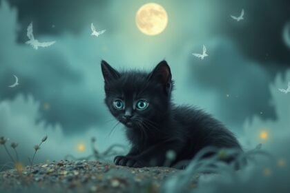 Gattino nero piccolo in un sogno misterioso e affettuoso.