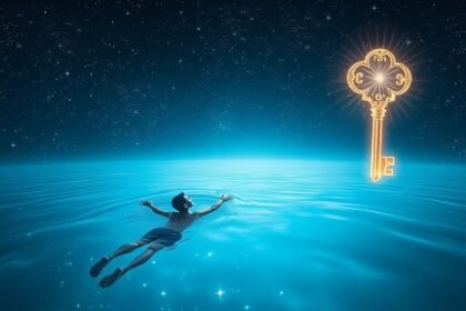 Un ragazzo nuota in un oceano blu sotto un cielo stellato con una chiave luminosa.