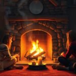 Famiglia riunita attorno al camino acceso, simbolo di calore e intimità.