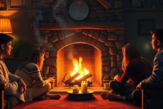 Famiglia riunita attorno al camino acceso, simbolo di calore e intimità.