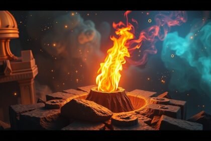 Fiamma ardente su un tronco di legno, simbolo di trasformazione nei sogni