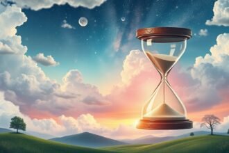 Clessidra su sfondo di cielo sereno e nuvole.